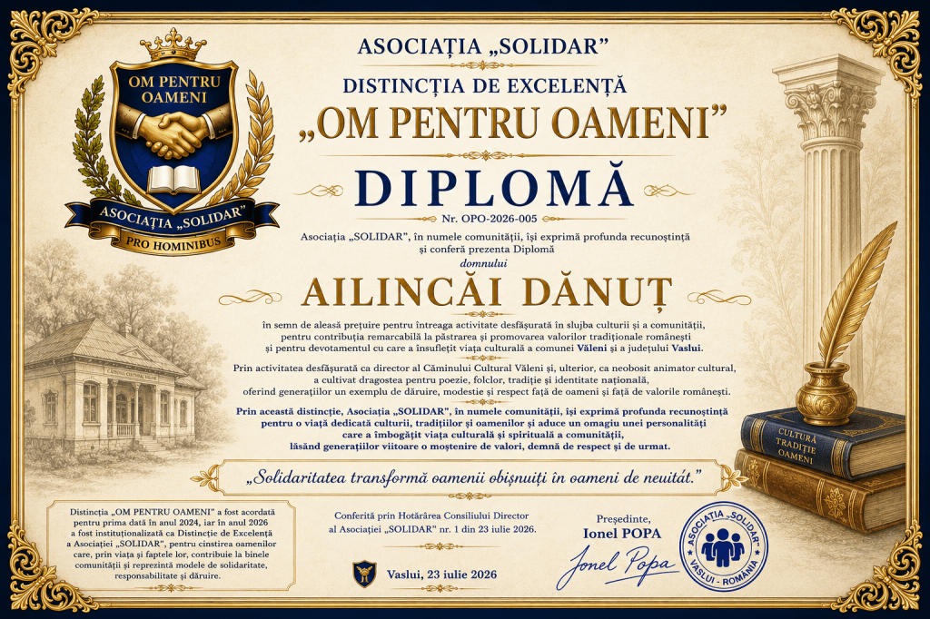 Diploma de Excelență „Om pentru oameni”, acordată de Asociația „Solidar” domnului Dănuț Ailincăi.