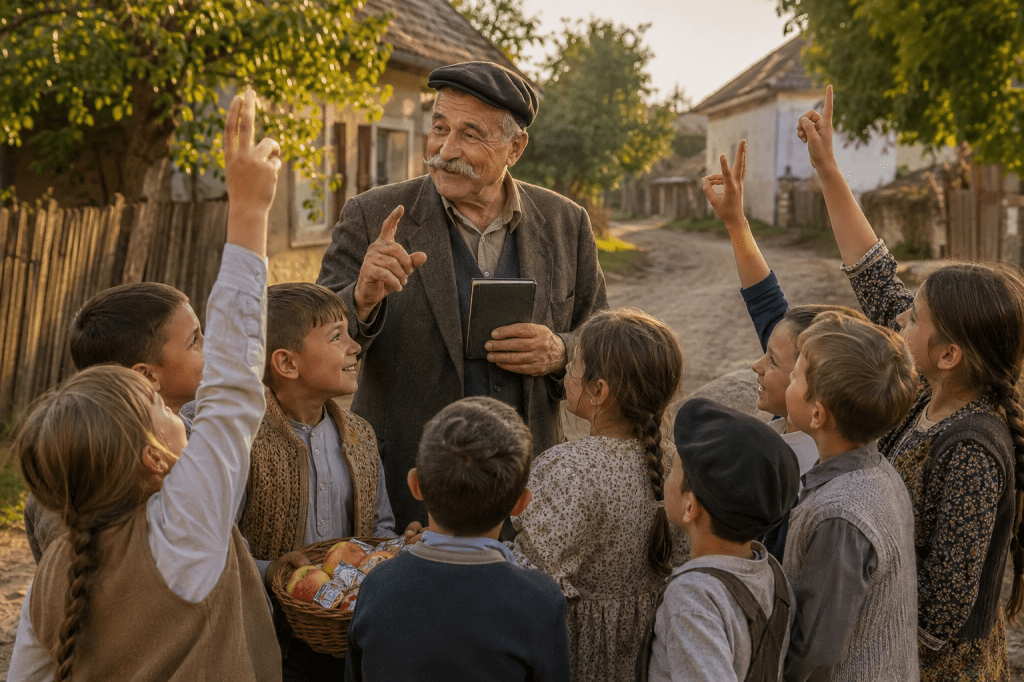 Moș Gavrilă, un bătrân cu mustață, le adresează întrebări copiilor adunați în jurul său pe ulița satului.