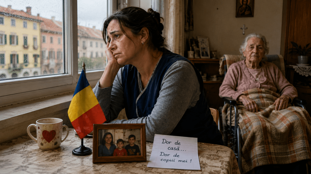 Badantă româncă îngrijind o femeie vârstnică în Italia, privind cu tristețe pe fereastră și gândindu-se la familia rămasă acasă.