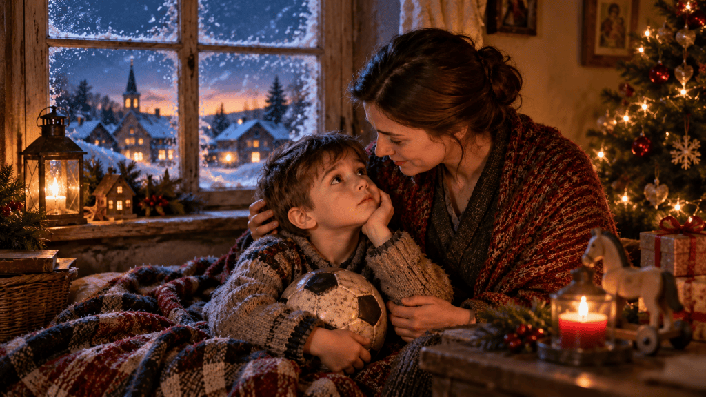 Mamă îmbrățișându-și copilul care ține o minge în brațe, într-o casă modestă împodobită de Crăciun, cu un sat înzăpezit văzut pe fereastră.