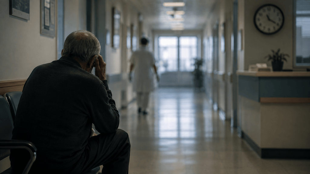 Bărbat vârstnic așteptând singur pe coridorul unui spital, în timp ce un cadru medical se îndepărtează.