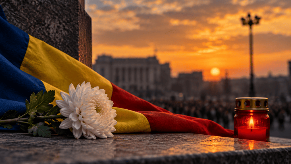 Tricolorul României, o floare albă și o candelă aprinsă la un monument, în memoria eroilor Revoluției din 1989.
