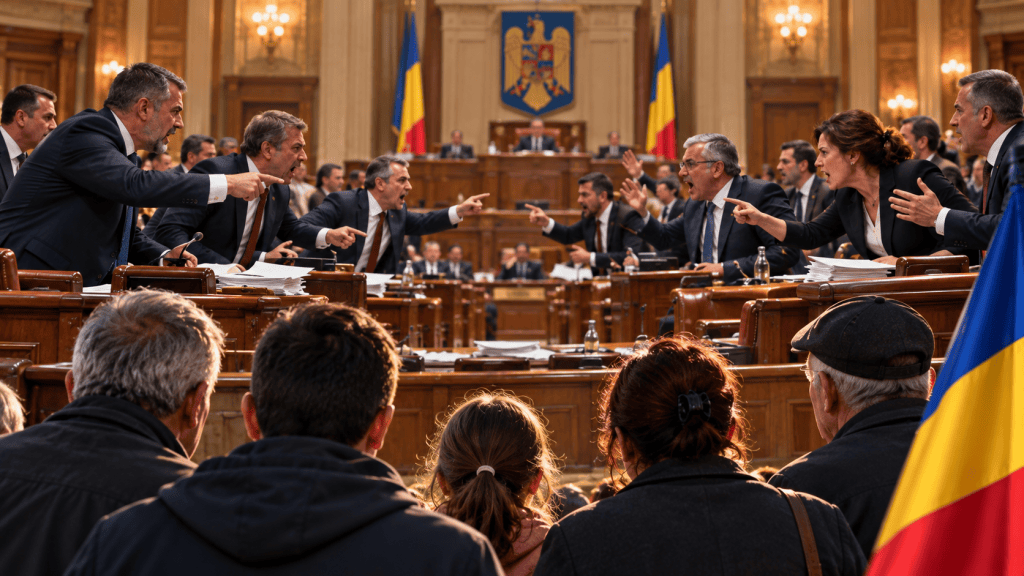 Dezbatere politică tensionată în Parlamentul României, în timp ce cetățenii privesc confruntarea dintre aleși.